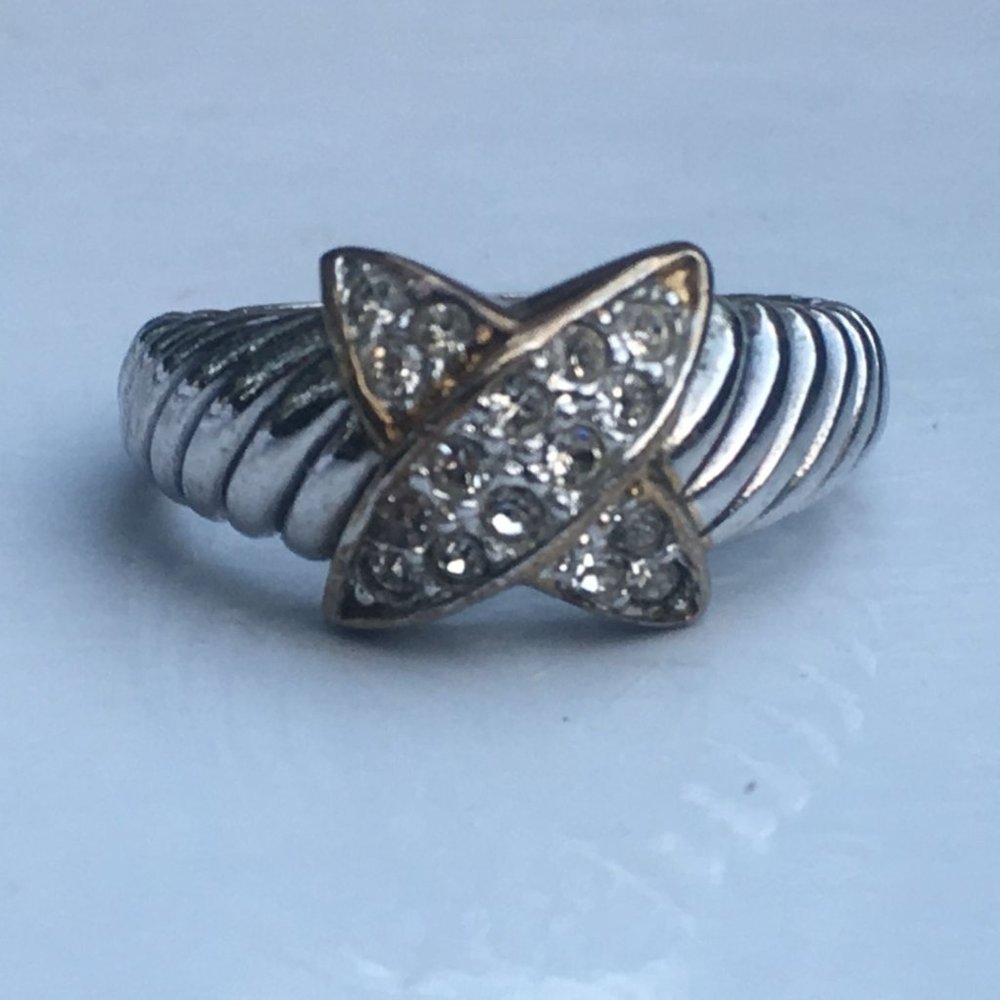 Sterling Silver Cross Over Ring Size 7 3/4 with Small Cubic Zirconia Accents